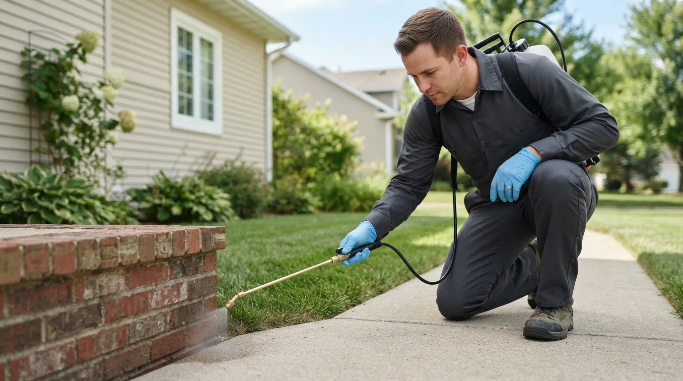 Pest control technician treating a home near Whigham, GA